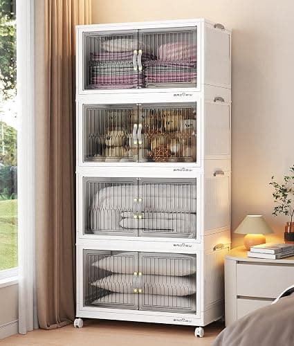 BROVIEW 320Qt Stackable Storage Bins with Lid, Extra Large Closet Organizer Collapsible Drawer Boxes with Wheels, Folding Plastic Cabinet Containers for Home Kitchen Room Organization, 4Pack White - Image 1