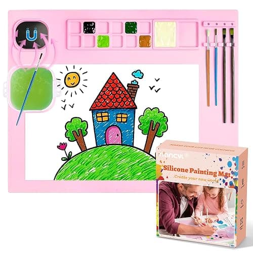 Silicone Painting Mat, Art Mat with Cup, Craft Paint Brush Cleaner Tool, Artist for Kids Gift Clay DIY Creations, Gift Packaged (Pink) - Image 1