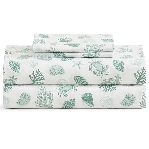 Caribbean Joe Queen Coastal Print Microfiber Sheet Set, Beachy Cove | Soft, comfortable 100% polyester microfiber 4-piece set with 12" deep pockets and a coastal seashell pattern - Image 1