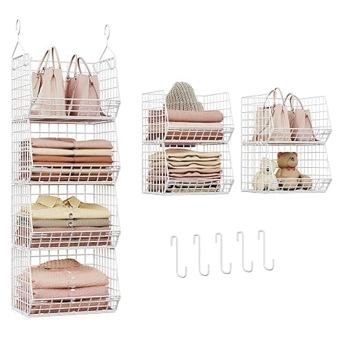 X-cosrack 4 Tier Closet Hanging Organizer, Foldable Closet Shelving with 2 Hanging Hooks 5 S Hooks, Wire Storage Basket for Wardrobe Laundry Room, for Clothing Sweaters Shoes Handbags Patent-White - Image 1