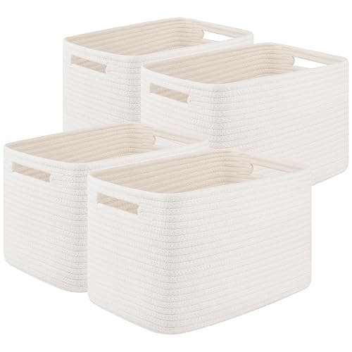 OIASKET Storage Baskets for Organizing, Woven Decorative Baskets for Shelves - Books, Towels, and Clothes, Cotton Rope Toy Storage Bins, 12.7''Lx9''Wx7.8''H, Pack of 4, White - Image 1