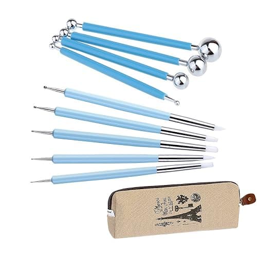 Ecjiuyi 9PCS Sculpting Tools,4PCS Double-Ended Metal Ceramic Clay Ball Stylus Dotting Tools and 5PCS 2 Way Silicone Polymer and Embossing Paper Flower Indentation Tool Set - Image 1