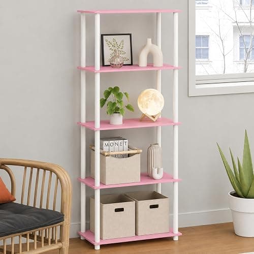 Furinno Turn-N-Tube Toolless Assembly 5-Tier Storage Shelves, Pink Book Shelf, Open Storage Bookshelf, for Organization and Storage, Living Room, Home Office, Bedroom, Soft Pink - Image 1