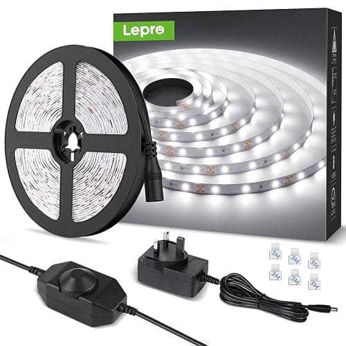 Lepro LED Strip Light White 5M 300 LEDs, 1650lm Dimmable Strip Lights for Kitchen, Cool White 6000K Daylight LED Strip for Under Units Cabinet Cupboards (12V Power Plug and Dimmer Switch Included) - Image 1