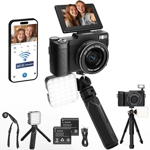 5K Vlogging Camera with WiFi 64MP 4K Digital Camera for Photography Vlog Camera with Flip Screen Video Camera for YouTube with Selfie Light, Desk Tripod, Batteries - Image 1