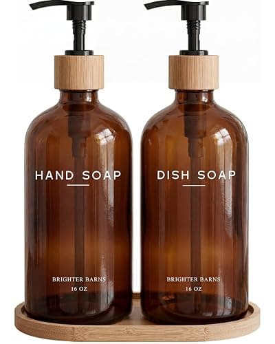 Amber Glass Hand and Dish Soap Dispenser Set by Brighter Barns - Kitchen Soap Dispenser Set with Tray - Bamboo Pump Bottles for Kitchen Sink - Modern Home Decor, Neutral Decor for Airbnb, Gift (Amber) - Image 1