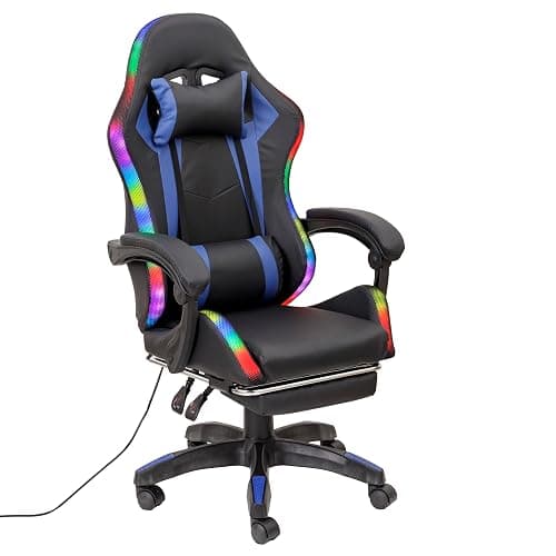 Baroni Home Chaise Gaming Ergonomique avec Coussin Lombaire, Lumières LED Réglables et Repose-Pieds Extractible, Chaise de Bureau avec Dossier Inclinable et Hauteur Réglable, Bleu, 68x66x125-133 cm - Image 1