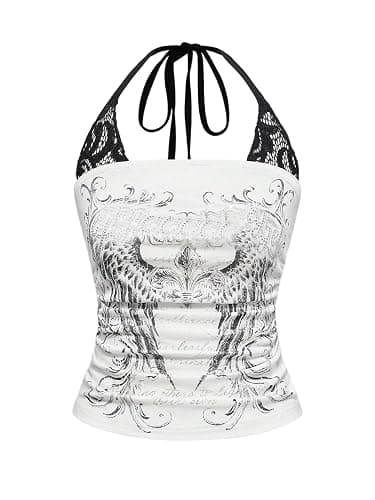 SOLY HUX Women's Y2k Gothic Halter Tops Lace Rhinestone Cami Crop Tops | Graphic Print, Ruched, Alternative Clothes, Sleeveless, Emo Tops - Image 1