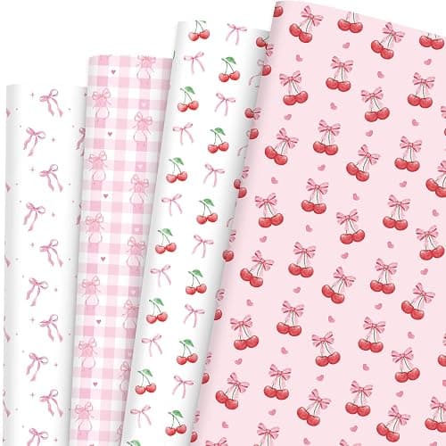 Pineraap 12 Sheets Pink Bow Cherry Wrapping Paper, Bowknot Printed Gift Wrap Paper Decorative Craft Paper for Girls Women Birthday Wedding Baby Shower Coquette Party, 19.7 x 27.6 Inch - Image 1