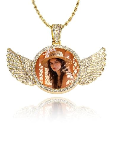 UHOT Custom Memorial Necklace with Picture - Personalized Circle Chain Angel Wings, Customized Angel Wing Gifts for Men Family Memory Necklaces - Image 1
