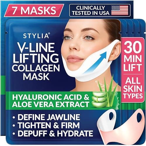 Stylia V Line Lifting Collagen Mask - Lift, Firm & Contour Jawline - Tightening Double Chin Strap with Hyaluronic Acid & Aloe - Neck Lift & Face Tightening Mask - Jawline Shaper Face Lift Tape (7PC) - Image 1