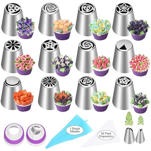 47 Pcs Russian Piping Tips Set, 12 Flower Frosting Nozzles Icing Tips for Cake Decorating Tips Kit, Baking Supplies for Cookie Cupcake, 2 Leaf Piping Tips 2 Couplers 30 Pastry Baking Bags YLYL - Image 1