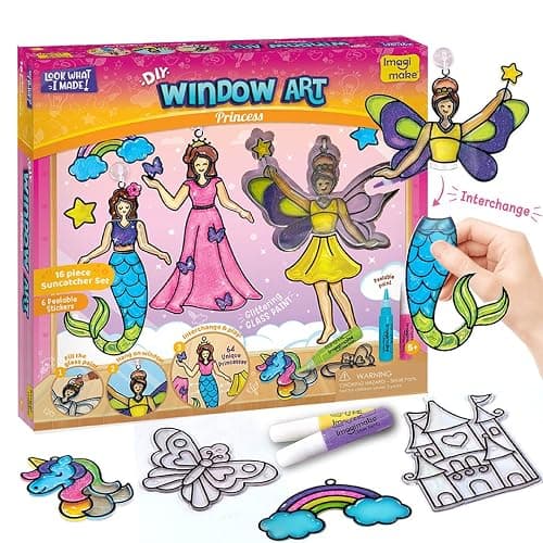 Imagimake Window Art Princess | Unicorn & Mermaid Suncatcher Kit | 16-Piece Glass Painting Set | Craft Kits for Kids 5-12 | Arts & Crafts for Kids | Easter Gifts for 6 Years Old Girls - Image 1