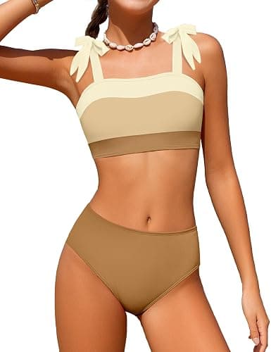 KANGKANG Girls Swimsuit Solid Color Block Adjustable Straps Teen Girl Bikini Set Kids Bathing Suits for Girls Size 7-16 - Brown - 11-12 Years - Image 1