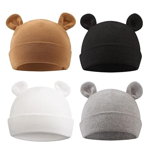 PEECABE Cotton Newborn Hospital Baby Hats 0-6 Months Infant Boy Girl Beanie Bear Ear Hat Set - 0-6 Months - White+black+gray+coffee - Image 1