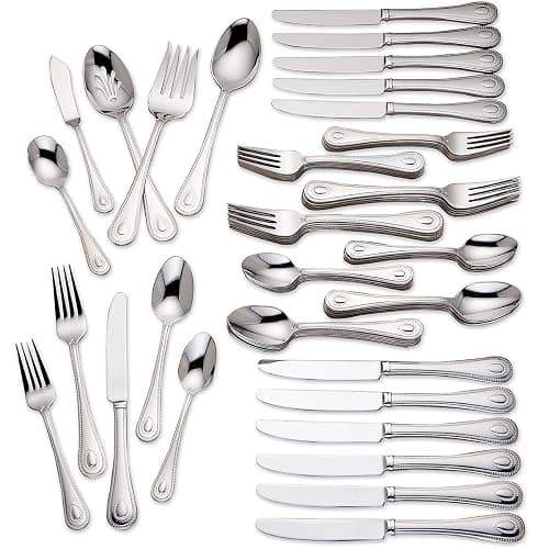 Lenox Silverware Set For 12, French Perle 65-Piece Flatware Set with Serving Utensils, Service For 12, Elegant 18/10 Stainless Steel Utensils with Beading, Knives Spoons & Forks (Silver, 65 Piece) - Image 1