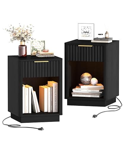 Akxomel Fluted Nightstands Set of 2, Wooden Night Stand with Charging Station and LED Light, Modern Mid Century End Table with Drawer, 15" D x 15.7" W x 22.6" H, for Bedroom, Black - Image 1