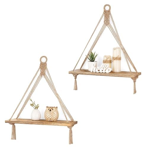Mkono Macrame Hanging Shelves Boho Wall Decor Set of 2 Rustic Wood Floating Storage Shelf for Bedroom Bathroom Living Room Nursery Dorm Room, Display Shelving for Hanging Plants Photos - Image 1