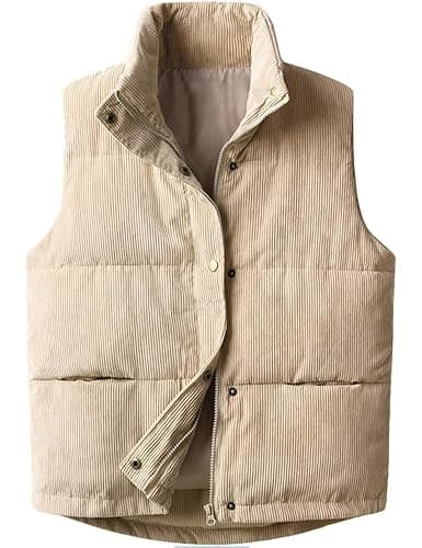 Aisongyuan Womens Corduroy Puffer Vest Stand Collar Zip Snap Button Sleeveless Warm Waistcoat Padded Gilet - Image 1