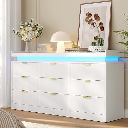 knoworld 9 Drawer Dresser for Bedroom, White Dresser with LED Lights and Power Outlet, Large Wooden Dressers Modern Chest of Drawers, Triple Wide 9 Drawer Dressers for Bedroom, Entryway, Hallway - Image 1