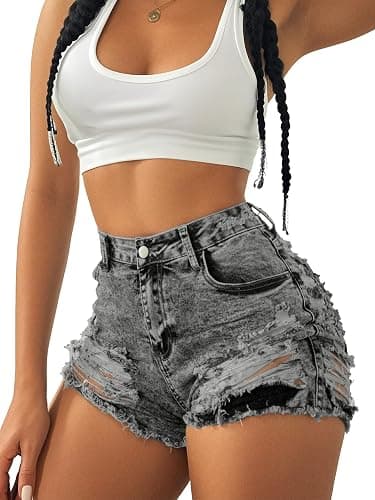 Avanova Women Jean Denim Sexy Mini Shorts Ripped Distressed Cut Off Stretchy Raw Hem Hot Pants Shorts - X-Large - Grey Multi - Image 1