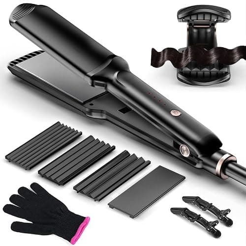 Hair Crimper Waver, Professional Hair Straightener Beach Waves Curling with 4 Interchangeable Ceramic Plates | Auto Temp Control for All Hair Types | Quick Heat Wide Plate Styling Tool & Straightener - Image 1