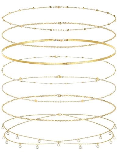 Wrlcorly 8Pcs Waist Chain 18K Gold Plated Belly Belt Chains Sexy Bikini Summer Beach Satellite Beaded Sequin Snake Layered Coin CZ Body Chain Jewelry Accessories for Women Gold Silver Tone Adjustable - Image 1