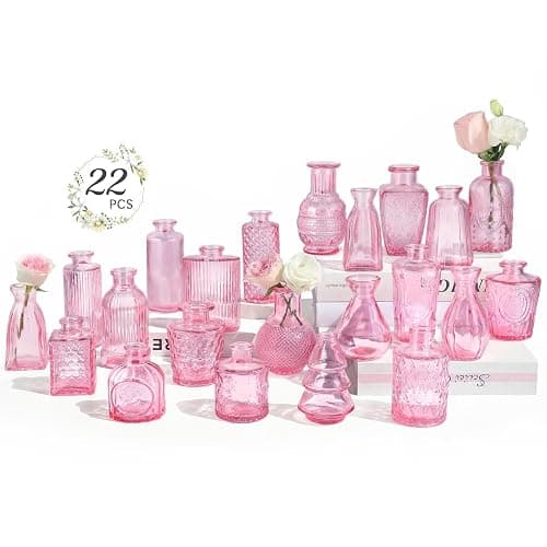 RUCKAE Pink Flower Vase in Bulk 22 Glass Bud Vases Vintage Small Vases for Centerpiece Table Wedding Decorations Home Decor Party (Pink) - Image 1