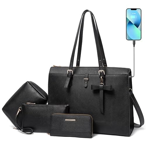 Keyli 4pc Sets Laptop Bag for Women Large Leather Laptop Briefcase with USB Charging Port Computer Shoulder tote Bags Purse - Image 1