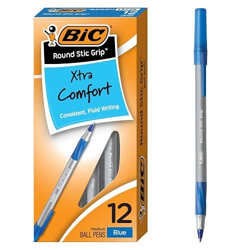 BIC Round Stic Grip Xtra Comfort Ballpoint Pen, Blue Ink, 12-Count | Long-lasting Performance, Smooth Writing, Soft-touch Barrel, Superb Comfort and Control - Image 1