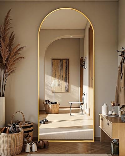 Homsion Full Length Mirror with Stand, 64"x21" Arched Mirror Large Standing Mirrors, Tall Mirrors Body Floor Mirror for Bedroom Living Room Aluminum Frame, Gold - Image 1