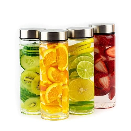 Juice Bottles - 4 Pack Wide Mouth Glass Bottles with Lids - for Juicing, Smoothies, Infused Water, Beverage Storage - 16oz, BPA Free, Stainless Steel Lids, Leakproof, Reusable, Borosilicate - Image 1