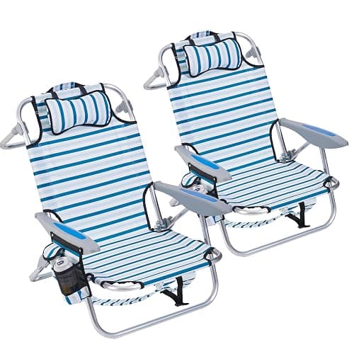 Canpsky 2 Pack Lightweight Portable Camping Beach Chair for Adults, Outdoor Lay Flat Folding Beach Chairs with 5 Positions, Backpack Beach Chair with Towel Bar, Zipper Pouch, Cup Holder, White Striped - Image 1