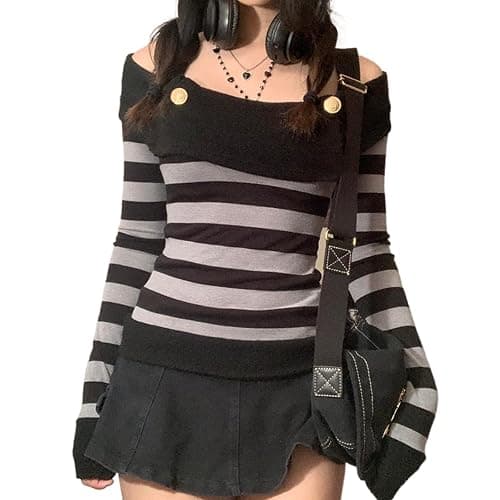 Women Y2K Long Sleeve Top Tee Sexy Patchwork Square Collar Black Basic Slim Fit Blouse Tops Streewear - Image 1