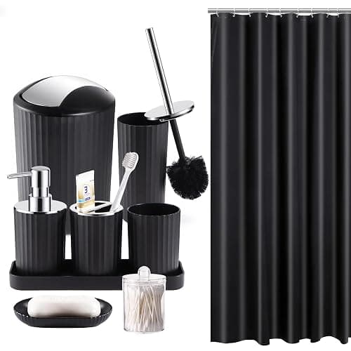 Black Bathroom Accessories Set, 10Pcs Bathroom Accessory Sets Complete with Trash Can, Shower Curtain, Vanity Tray, Soap Dispenser, Soap Dish, Toothbrush Holder&Cup, Toilet Brush&Holder, Qtip Holder - Image 1