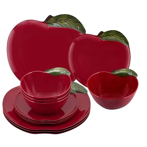 UPware 12 Piece Apple Melamine Dinnerware Sets, Outdoor Dishes Set, Plates and Bowls Sets, Service for 4, Red - Image 1