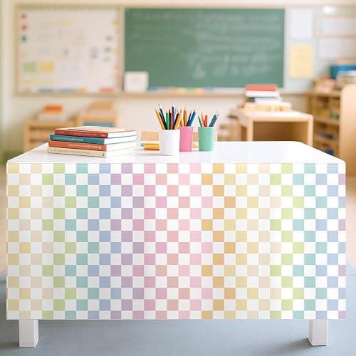 6FT Checkered Table Skirt Teacher Desk Curtain Skirts for Classroom Decorations Colorful Rectangle Round Table Cover Skirt for Back to School Party Supplies Kindergarten Office Bookcase Cabinet Shelf - Image 1