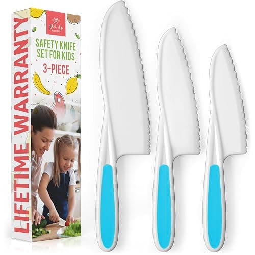 Zulay 3-Piece Kids Knife Set for Real Cooking & Baking - Toddler Knives for Cutting Fruits, Veggies, & Cake - Children’s Montessori Knife with Serrated Edges - Safe & Fun Lettuce Knife (Blue) - Image 1