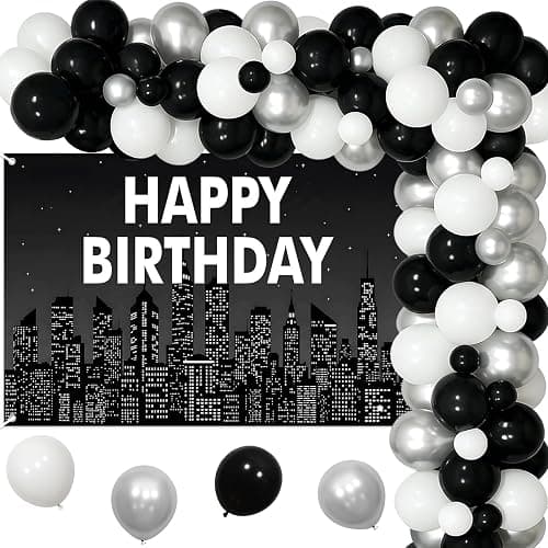 Cheerupp Black NYC Skyline Theme Happy Birthday Decorations Set | New York City Themed, NYC Skyscraper Design, Vinyl Backdrop, DIY Balloon Garland Kit, for Bday Party Decor - Image 1