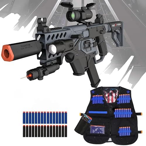 SOFITEN Toy Gun Automatic Sniper Rifle with Tactical Vest Kit, Scope. Toy Foam Blaster Dart Toys with 120 Darts, IR and Flashlight. The Shooting Activity Game for Kids Age 8+ - Black - Image 1