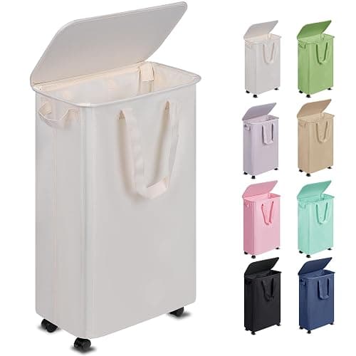 Vincona Slim Laundry Hamper with Lid and Wheels, Small Rolling Laundry Basket with Handle for Small Spaces, Tall Dirty Clothes Hampers for Dorm, Bathroom and Bedroom, 55L, Beige - Image 1