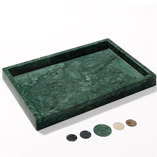 YMXYJM Real Natural Marble Tray for Bathroom, Genuine Marble Stone Vanity Tray, Luxury Storage Trays for Kitchen, Vanity, Home Decor, Dresser, Non-Resin/Non-Ceramic, 12"x 8"x 1.2", Dark Green - Image 1