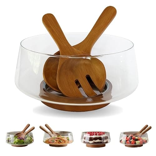 Large Glass Salad Bowl Set with Acacia Wood Base & Salad Servers – Elegant Serving Bowl for Salads, Pasta, Fruit & Snacks – Easy-Clean Modern Serveware, Perfect for Hosting & Housewarming Gifts - Image 1