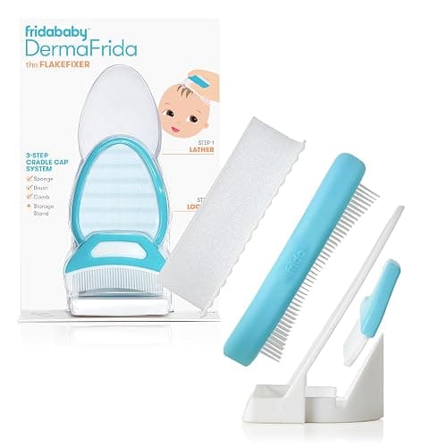 Frida Baby The 3-Step Cradle Cap System, DermaFrida The FlakeFixer, Sponge, Brush, Comb and Storage Stand for Babies with Cradle Cap, White-Blue - Image 1