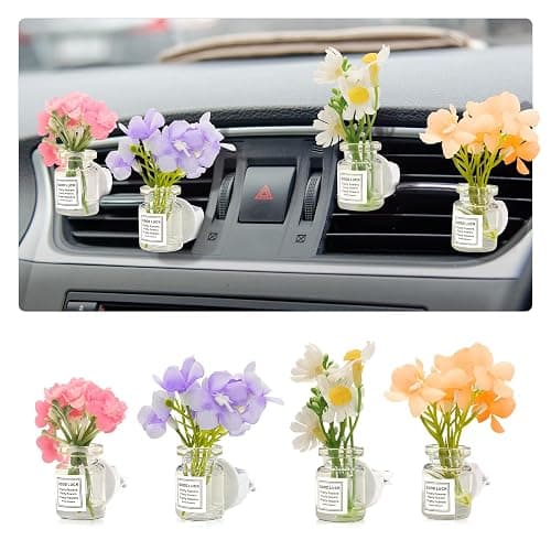 4 Pack Flowers Car Vent Clips, Cute Daisy Plants Vase Air Conditioning Outlet Clip with Fragrance Pads, Charm Scent Perfume Automotive Interior Decorations for Women - Image 1