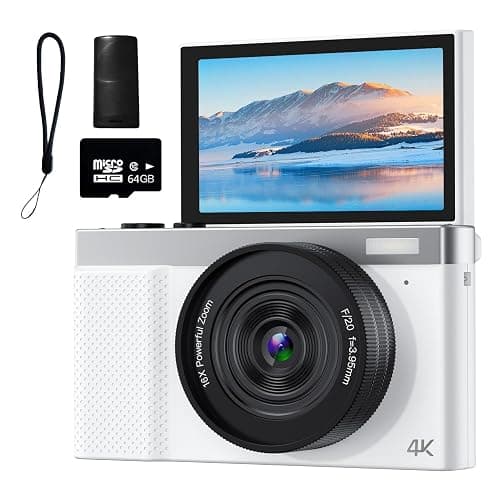 4K Digital Camera, 64MP Vlogging Camera for Photography with 3" 180° Flip Screen, 16X Compact Digital Camera with 64GB Micro SD Card for Beginner (White) - Image 1