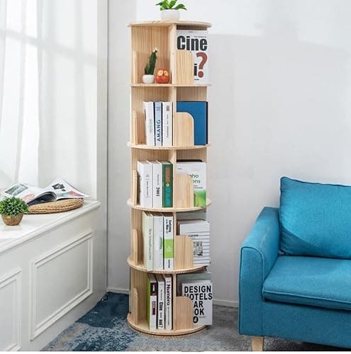 Heehee Wooden Rotating Bookshelf 360 Display Floor Standing Bookcase Storage Rack for Kids&Adults Multi-Functional Bookshelf Organizer (5-Tier) - Image 1