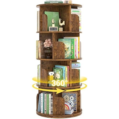 Besiost Rotating Bookshelf, Corner Bookshelf, 360 Display Wood Spinning Bookcase Storage Rack, Floor Standing Revolving Bookcase Narrow Book Shelf Organizer for Small Space, Bedroom, Rustic Brown - Rustic Brown - 4 Tier - Image 1