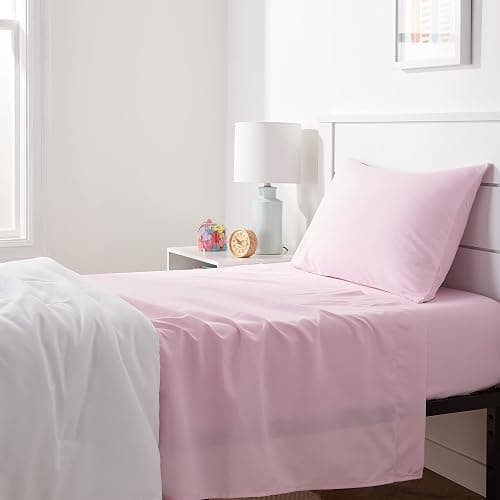 Amazon Basics Kid's Soft, Breathable, Easy-Wash Microfiber 3-Piece Sheet Set, Machine Washable, Twin, Light Pink, Solid - Image 1