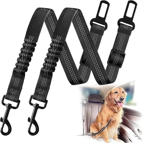 Adjustable Car Seat Belt for Dogs Nylon Seat Belt with Reflective Feature, Durable, 2PCS Comes with Elastic Bungee Pad Pet Car Seat Belt (Black) - Image 1